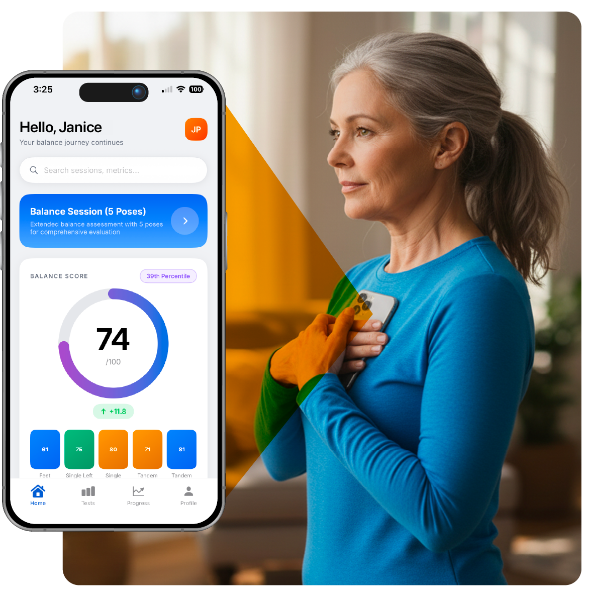 Balance Matters app showing a balance score of 74 with a woman holding her phone to her chest